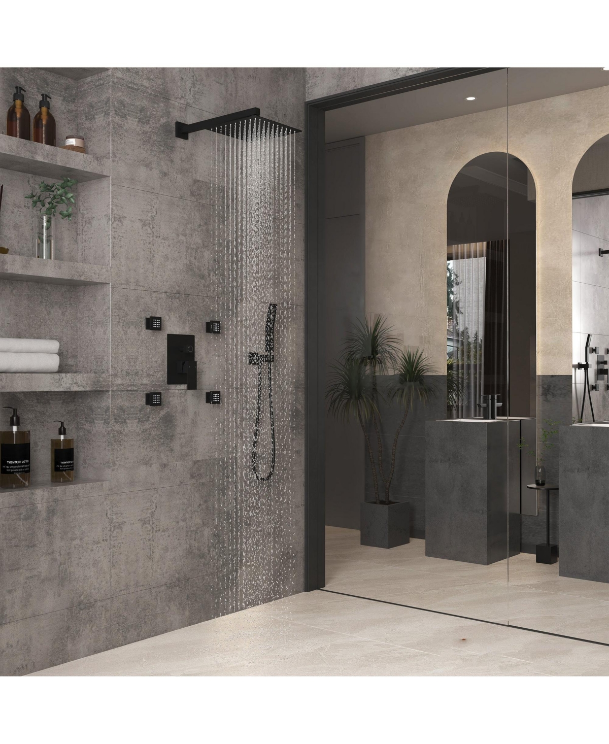 Mondawe High Pressure Wall Mounteded Pressure-Balanced 3 Functions Shower System with4 Body Jets and Rough-in Valve - Matte black