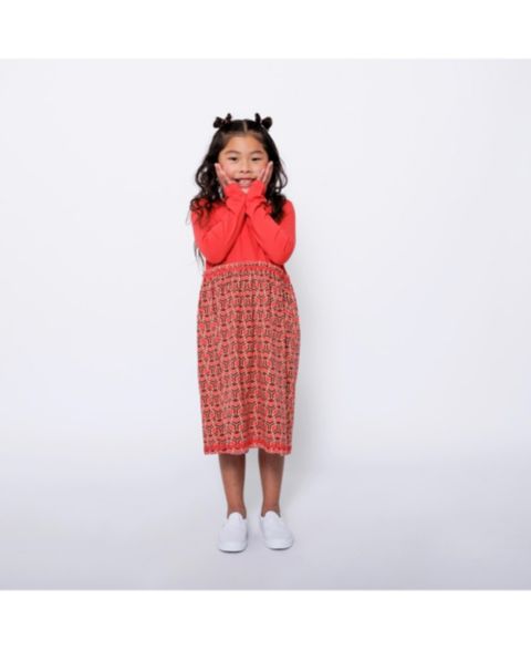 Платье Mixed Up Clothing Long Sleeve Ruffle Trim Dress - Red Multicolor для девочек, цвет: Красный разноцветный