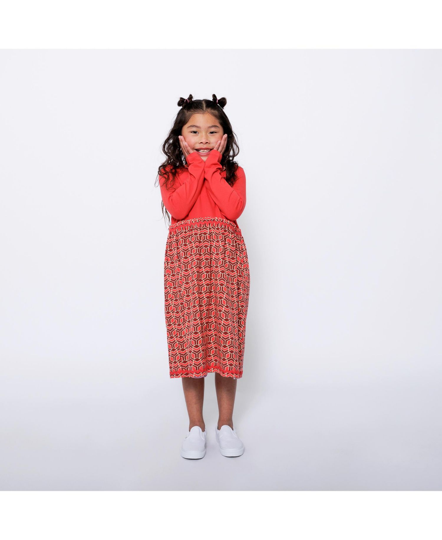 Little Girls Long Sleeve Ruffle Trim Dress - Red Multicolor