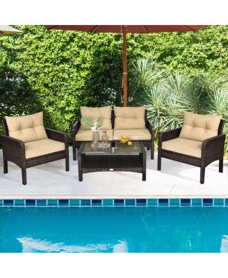 4PCS Rattan Wicker Patio Conversation Set Cushioned Outdoor Furniture Set