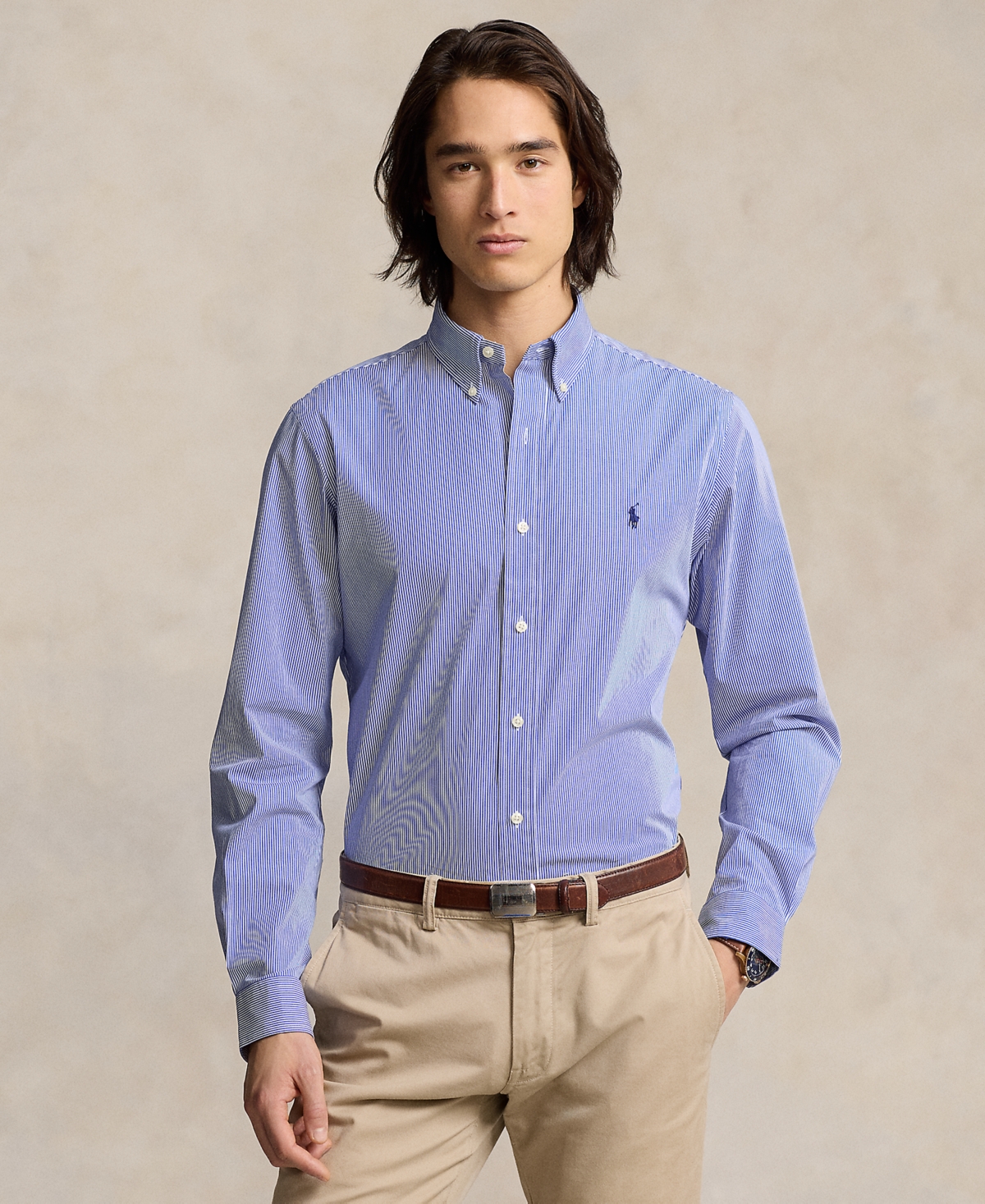 Shop Polo Ralph Lauren Men's Slim-fit Stretch Poplin Shirt In Blue,white Hairline Stripe