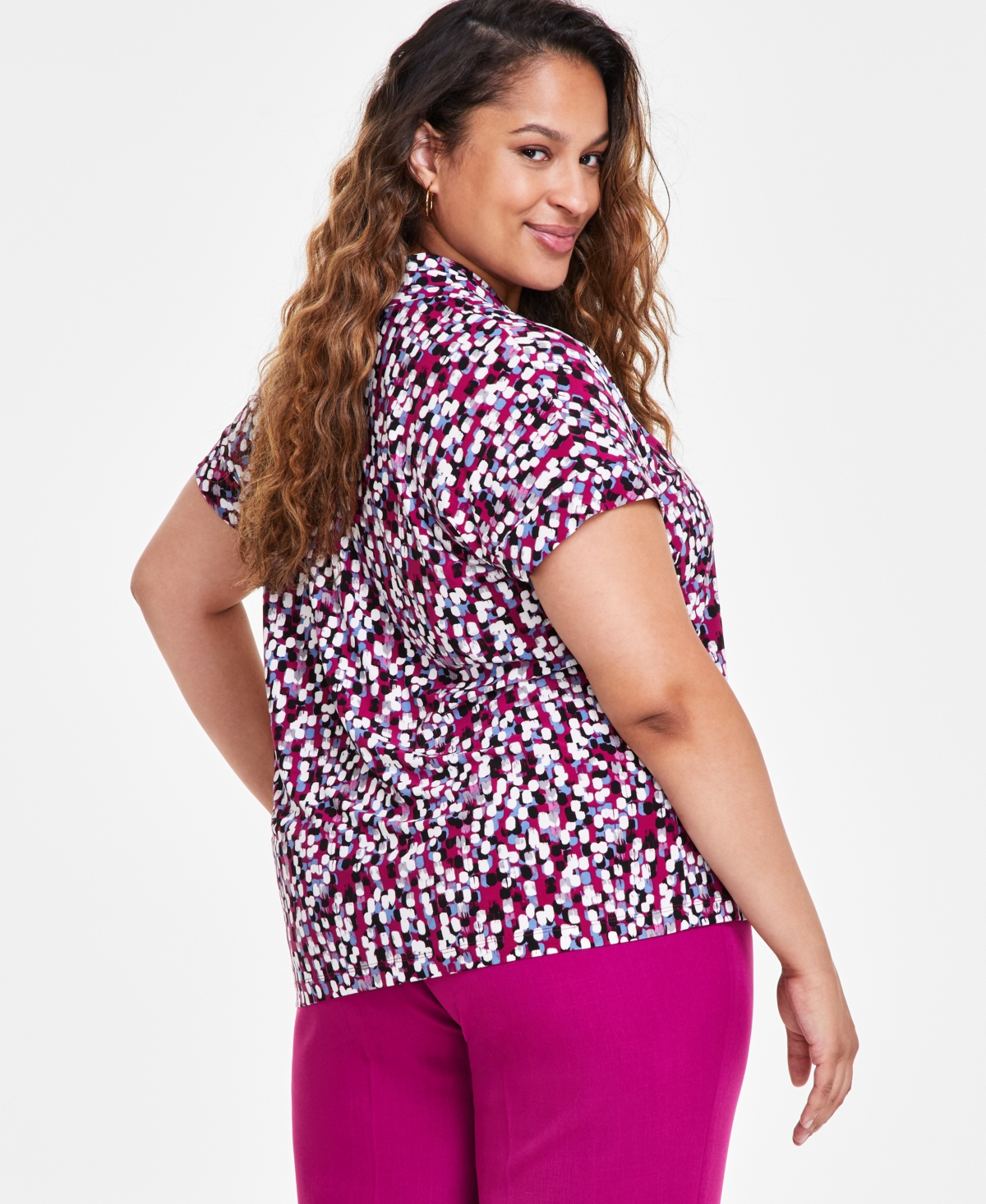 Kasper Plus Size Printed V-Neck Short-Sleeve Top -Vanilla Ice Multi