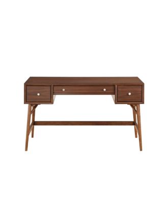 Brown Finish Stylish Writing Desk Storage Drawers Nickel Knob Hardware Walnut Veneer Wood Furniture