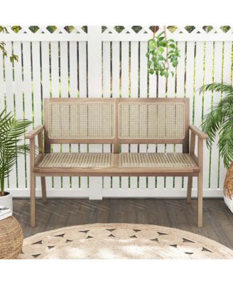 Teak Wood Garden Bench 2-Person Bench with Armrests, Rattan Backrest & Seat