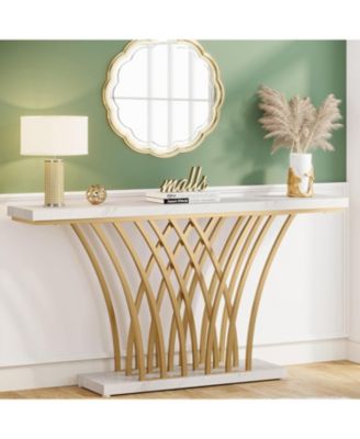 Modern Gold Console Table with Grid-Shaped Metal Base and 59-Inch Faux Marble Top for Entryway, Hallway or Living Room
