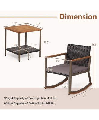 3 PCS Patio Rattan Rocking Chair Bistro Set Armrest Cushion Table with Storage Shelf
