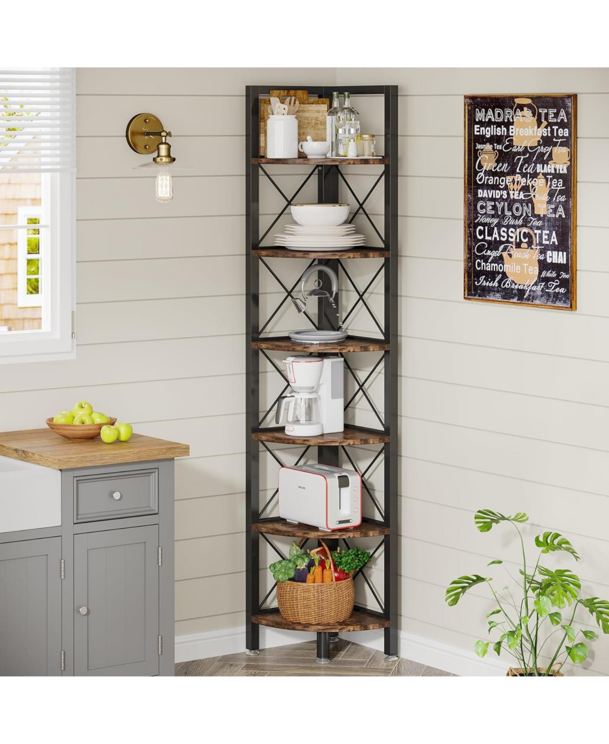 Tribesigns 6 Tier Corner Shelf, Rustic Corner Bookshelf Bookcase Corner Storage Rack Plant Stand for Living Room, Home Office, Kitchen, Sp
