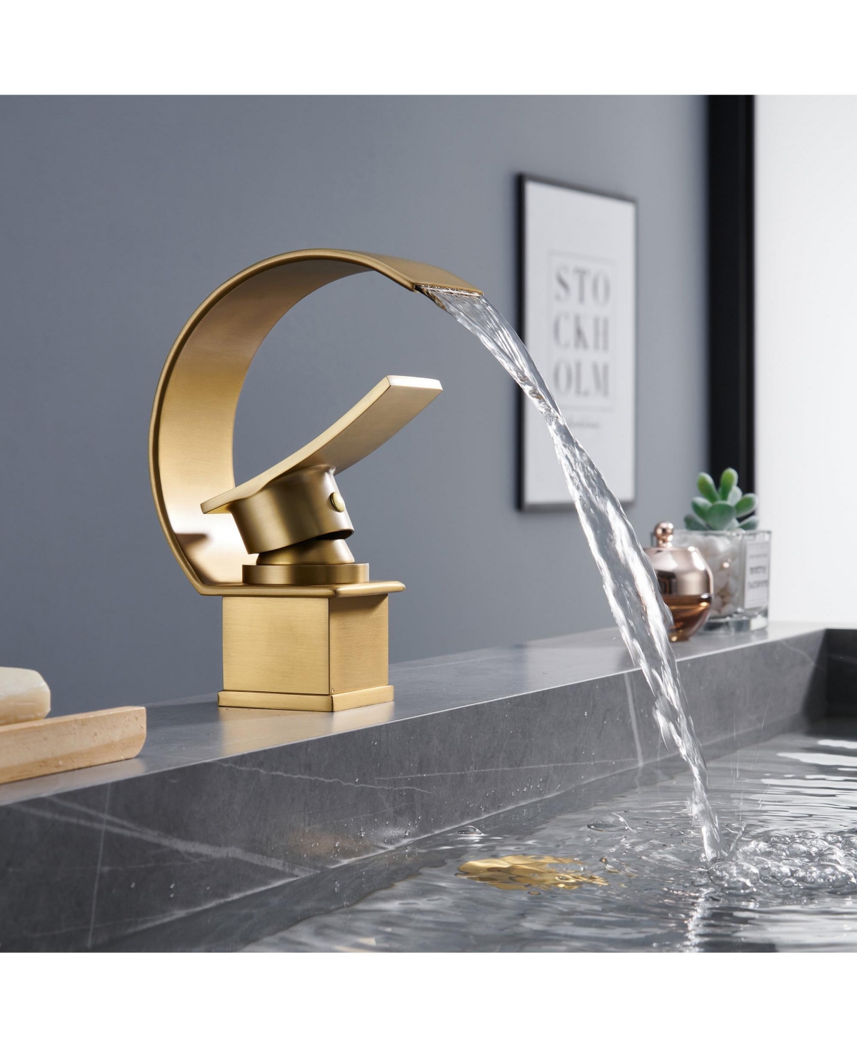 Mondawe Luxury C-Shape Arc Waterfall Spout Single Handle inch Widespread Bathroom Sink Faucet With Pop-up Drain