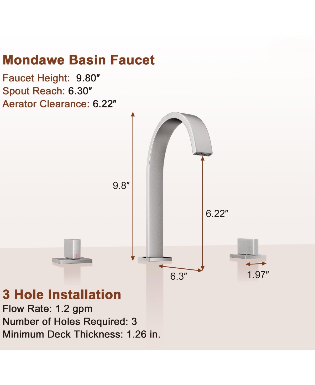 Mondawe Deck Mounted Widespread Double-Handle Bathroom Faucet in Brushed Nickel for Bathroom, Vanity, Laundry