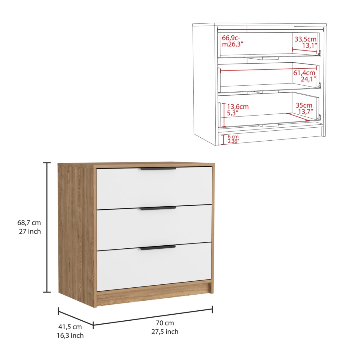 Streamdale Furniture Kaia 3 Drawers Dresser, Superior Top - White Pine