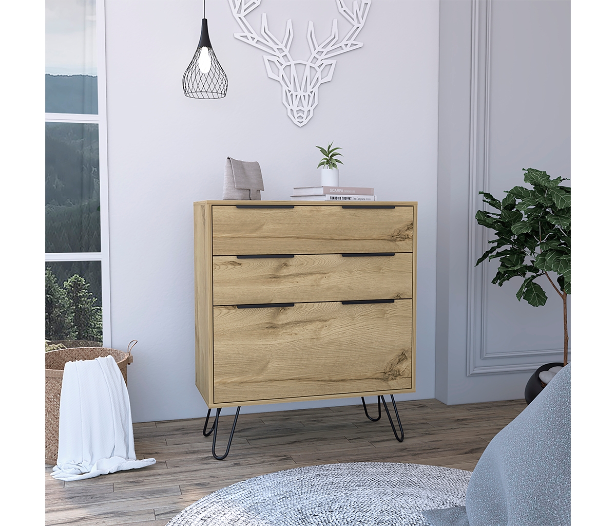 Streamdale Furniture Augusta Dresser, Hairpin Legs, Three Drawers, Superior Top - Light Oak