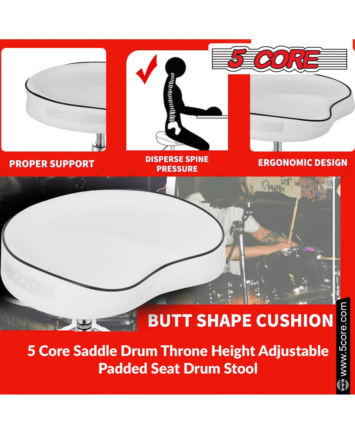 5 Core Drum Throne Padded Guitar Stool Swivel Height Adjustable Ergonomic Music Chair For Adults And Kids w Anti Slip Rubber Feet - Ds Ch Wh Sdl Hd