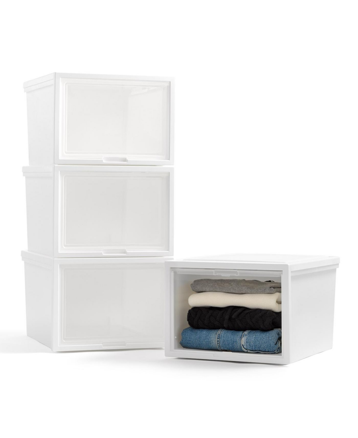 42 Qt. Stackable Storage System for Clothes, Large, 4 Pack, Plastic Dresser Chest with Flip-Up Door, Great for Closet, Home, Office, Bedroom