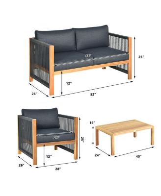 4PCS Acacia Wood Outdoor Patio Furniture Set Cushioned Sofa W/Nylon Rope Armrest