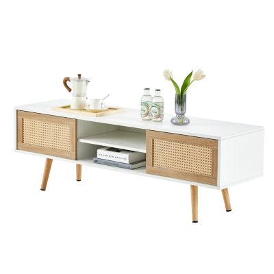 White Rattan TV Cabinet with Sliding Doors & Adjustable Shelf