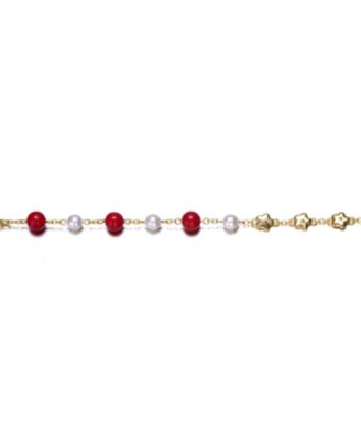 14k Yellow Gold Plated Adjustable Bracelet with Star Charms and Round Pearls for Kids