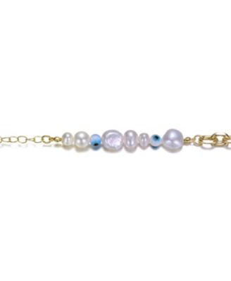 14k Yellow Gold Plated Bracelet with Freshwater Pearls, Eye Pattern Beads, and Cable Chain for Kids