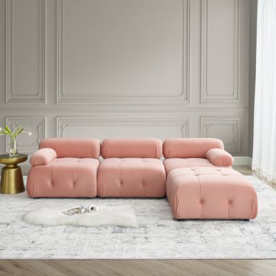 Velvet Modular L-Shaped Sofa with Reversible Ottoman