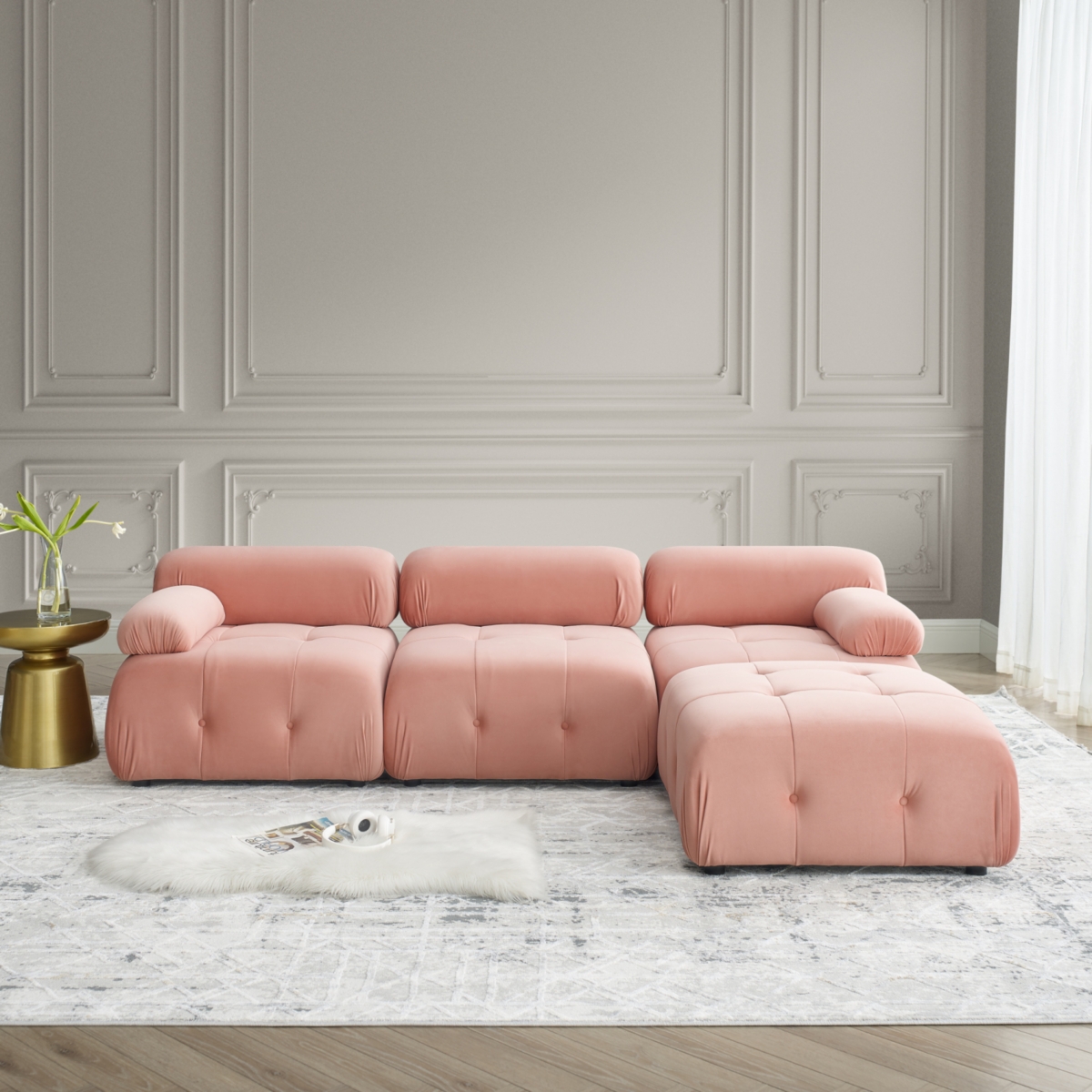 Simplie Fun Pink Velvet Modular L-Shaped Sofa with Reversible Ottoman