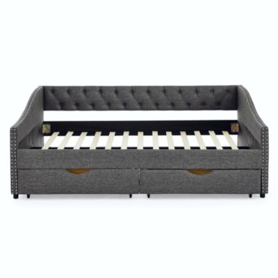  Upholstered Tufted Daybed with Drawers and Copper Nail Detail