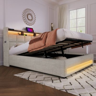 Streamdale Queen Upholstered Platform Bed with Storage, LED, USB