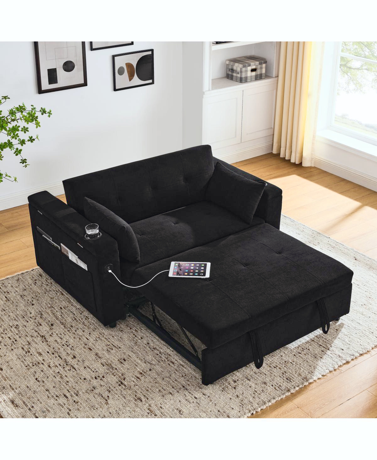 Simplie Fun 54" Pull-Out Sleeper Sofa Bed Double Seat Recliner Sofa Bed With Armrests With Storage