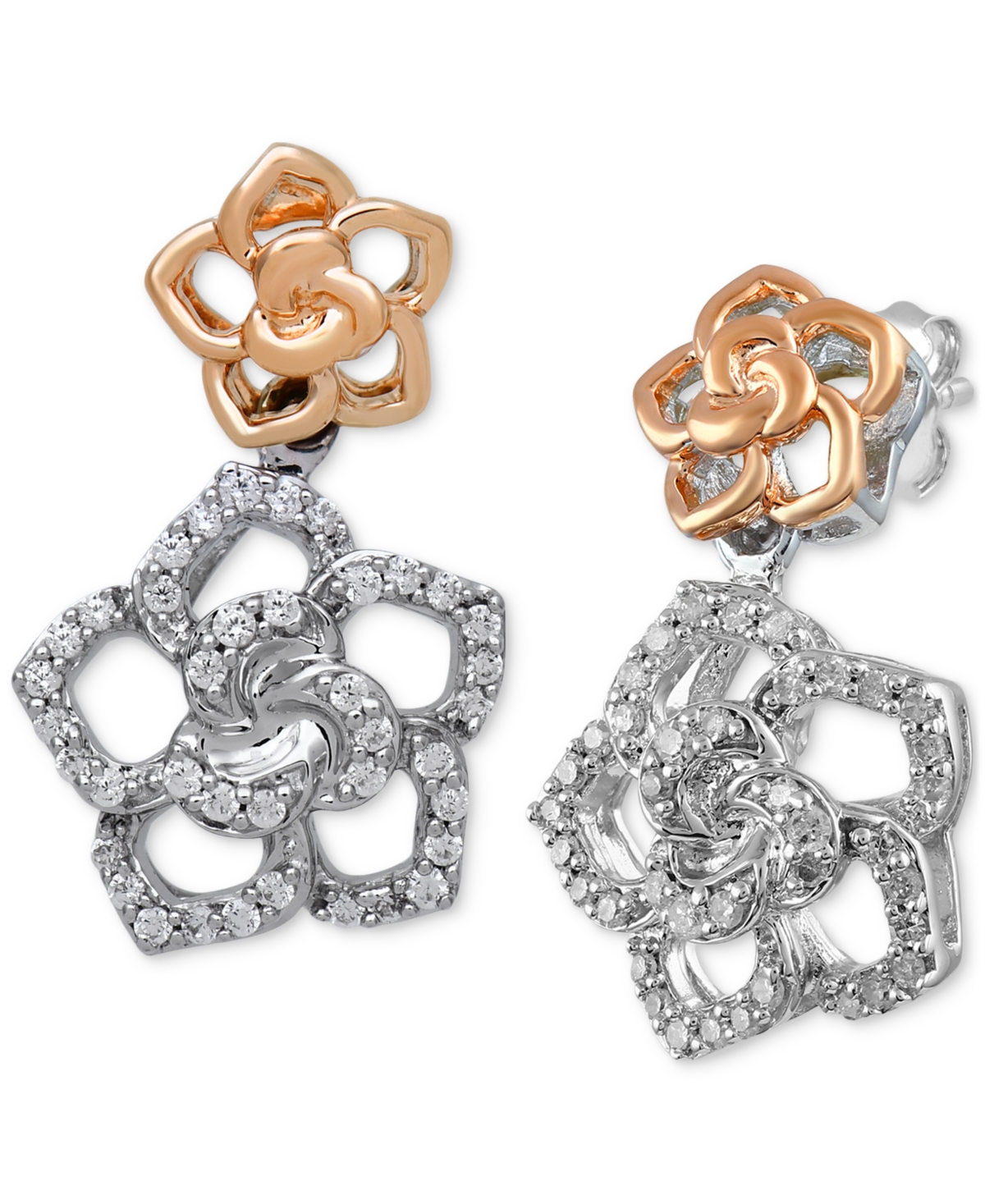 Disney Enchanted Vault Diamond Belle Rose Drop Earrings (1/4 Ct. T.w.) In Sterling Silver & Rose Gold-plate In Sterling Silver  Rose Gold-plate