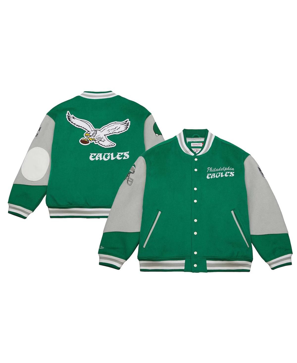 Мужская и женская куртка университетской команды Mitchell Ness Kelly Green Philadelphia Eagles, застегивающаяся на все пуговицы