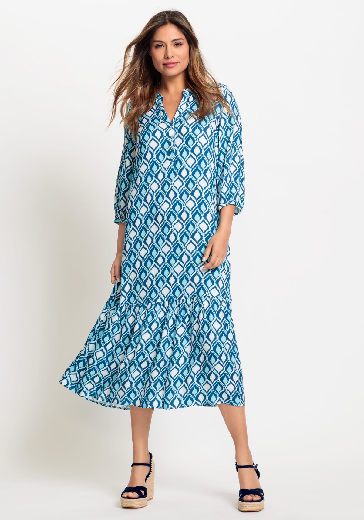 Women's 3/4 Sleeve Ikat Print Maxi Dress - Light turquoise