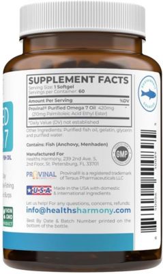 Purified Omega 7 Softgel Capsules, Provinal Sustainable Peruvian Anchovy Fish Oil Supplement, Health's Harmony, 60ct