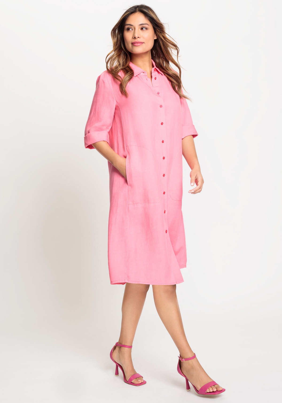 Women's 3/4 Sleeve Linen Blend Shirt Dress containing Tencel[Tm] Lyocell - Beach rose