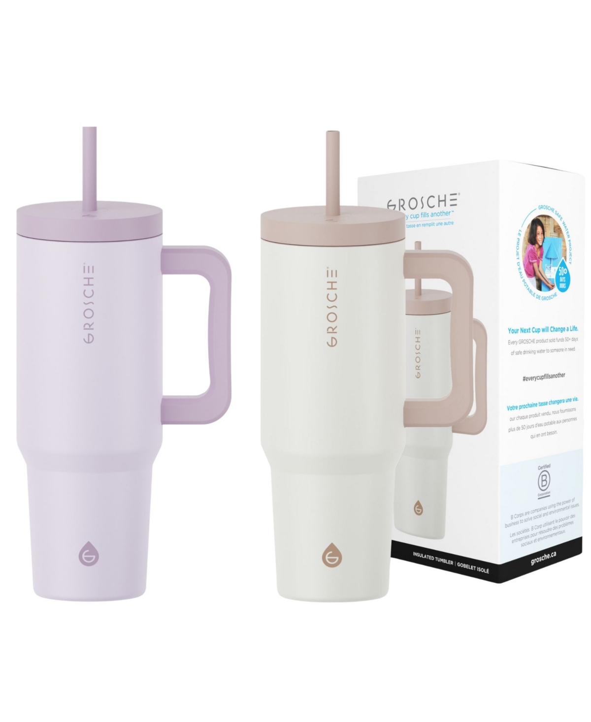 GROSCHE 40OZ INSULATED TUMBLER WITH STRAW AND HANDLE, 2PK 