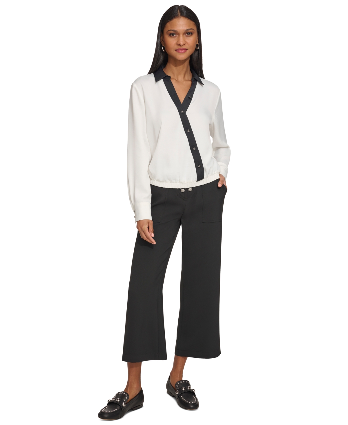 Karl Lagerfeld Paris Women's Faux-Wrap Top - Soft White  Black