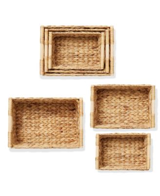 (Set of 3) Water Hyacinth Rectangular Storage Baskets with Wooden Handles - Small, Medium, Large Woven Nesting Baskets