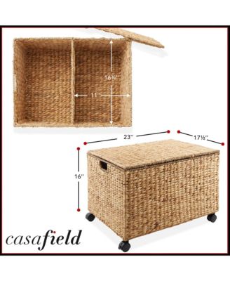 Rolling Storage Basket Cart with Lid and Wheels, Natural - Woven Water Hyacinth Divided Sorting Bin for Kitchen, Pantry, Laundry, Garage