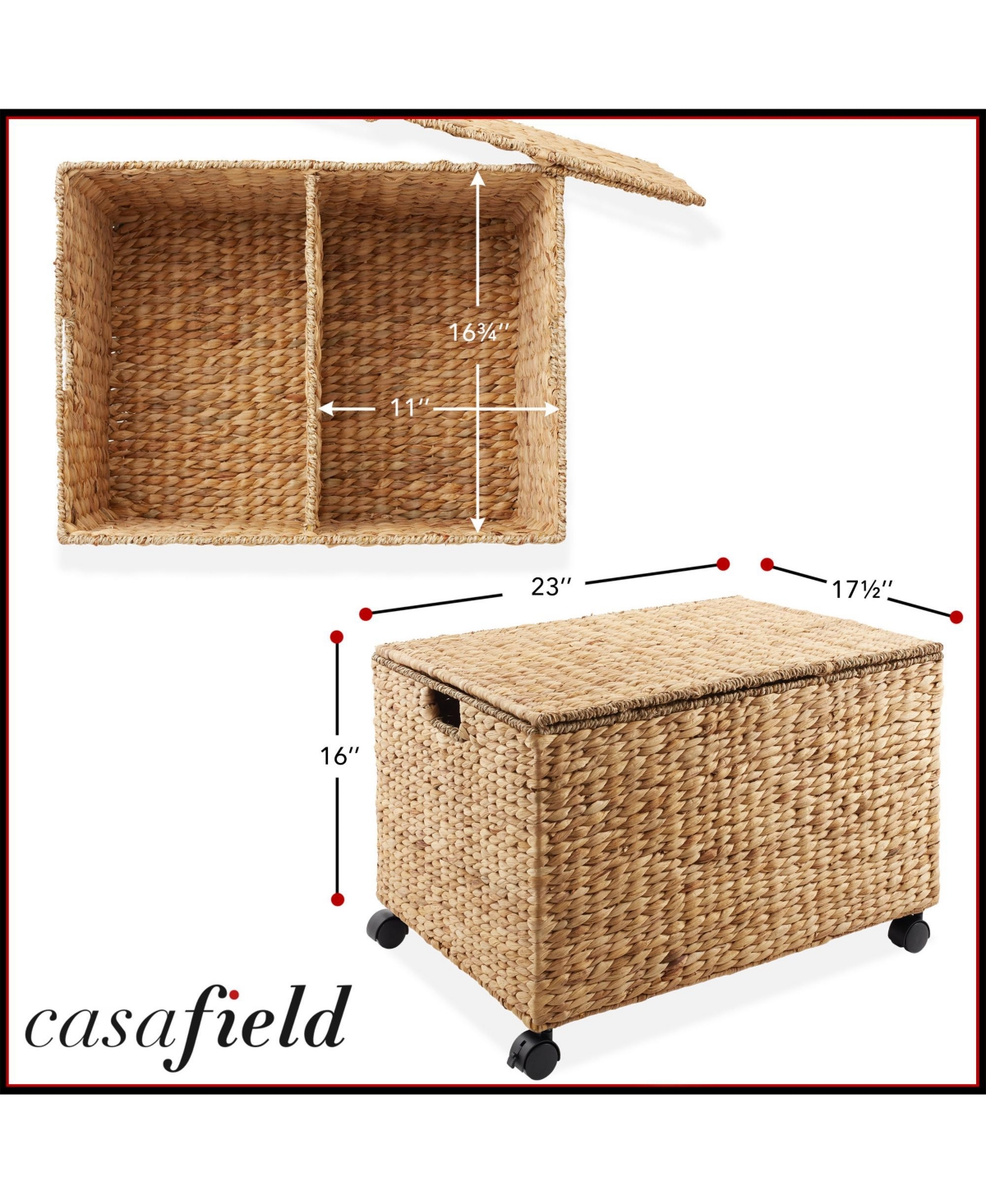 Casafield Rolling Storage Basket Cart with Lid and Wheels,- Woven Water Hyacinth Divided Sorting Bin for Kitchen, Pantry, Laundry, Garage - N
