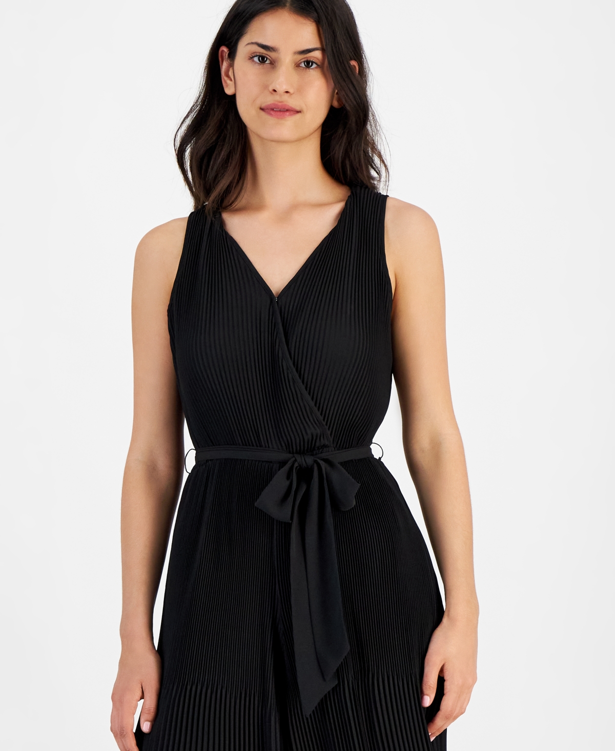 T Tahari Women's Pleated Sleeveless Tie-Waist Jumpsuit