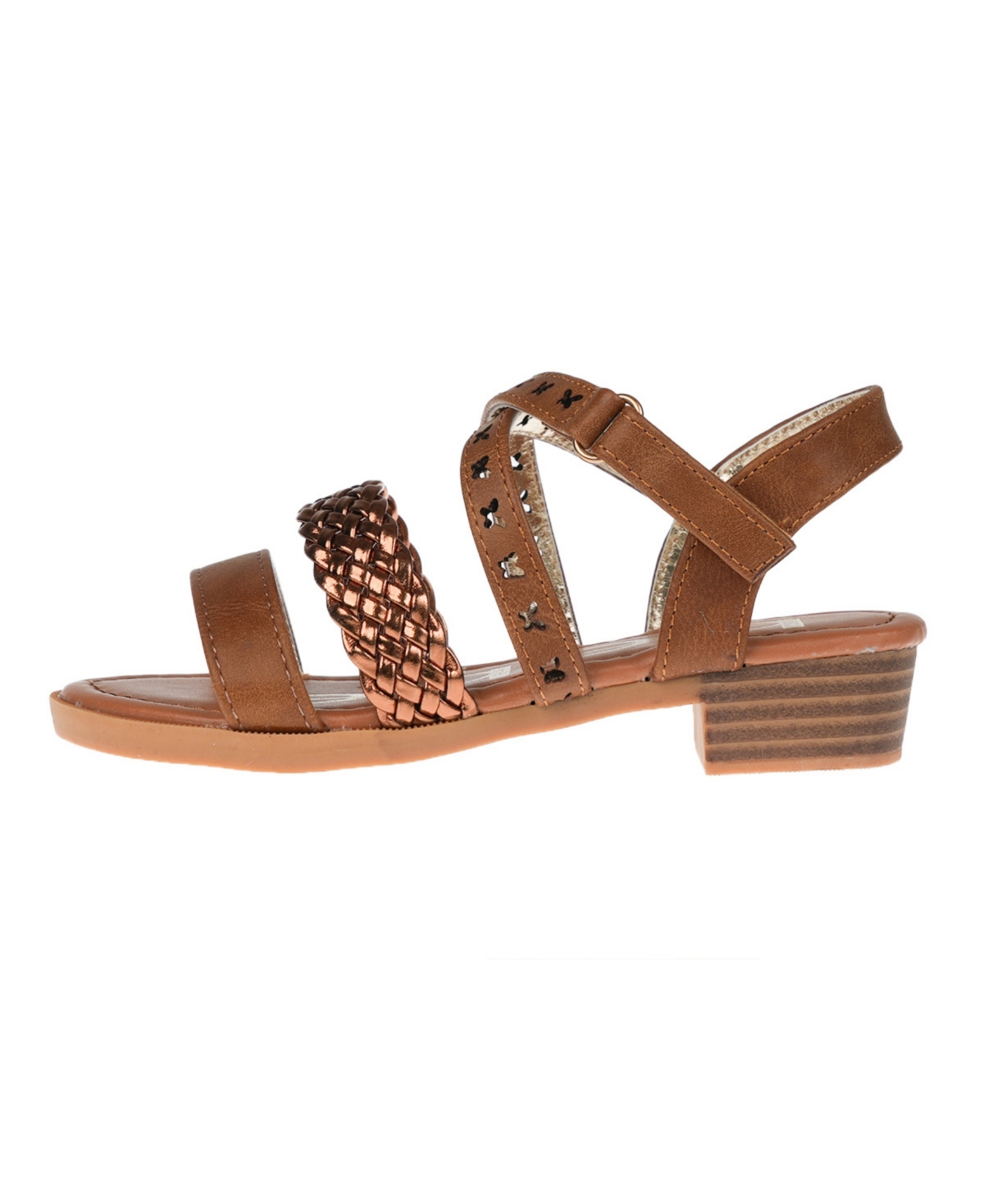 Bebe Big Girl's Stack Heel Sandal With Metallic Weaved Strap And Butterfly Chop Out Polyurethane Sandals In Brown