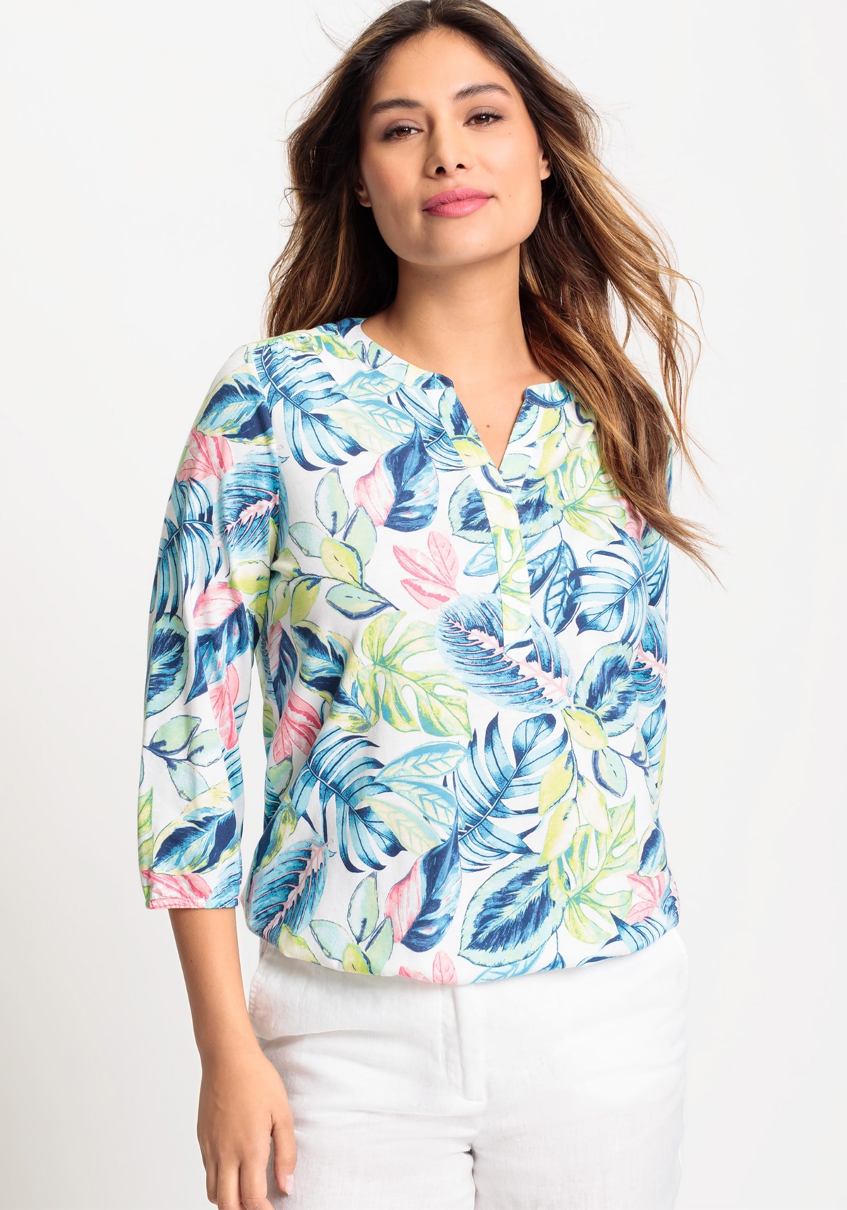 Women's 3/4 Sleeve Tropic Print Tunic Tee containing Tencel[Tm] Modal - Light turquoise