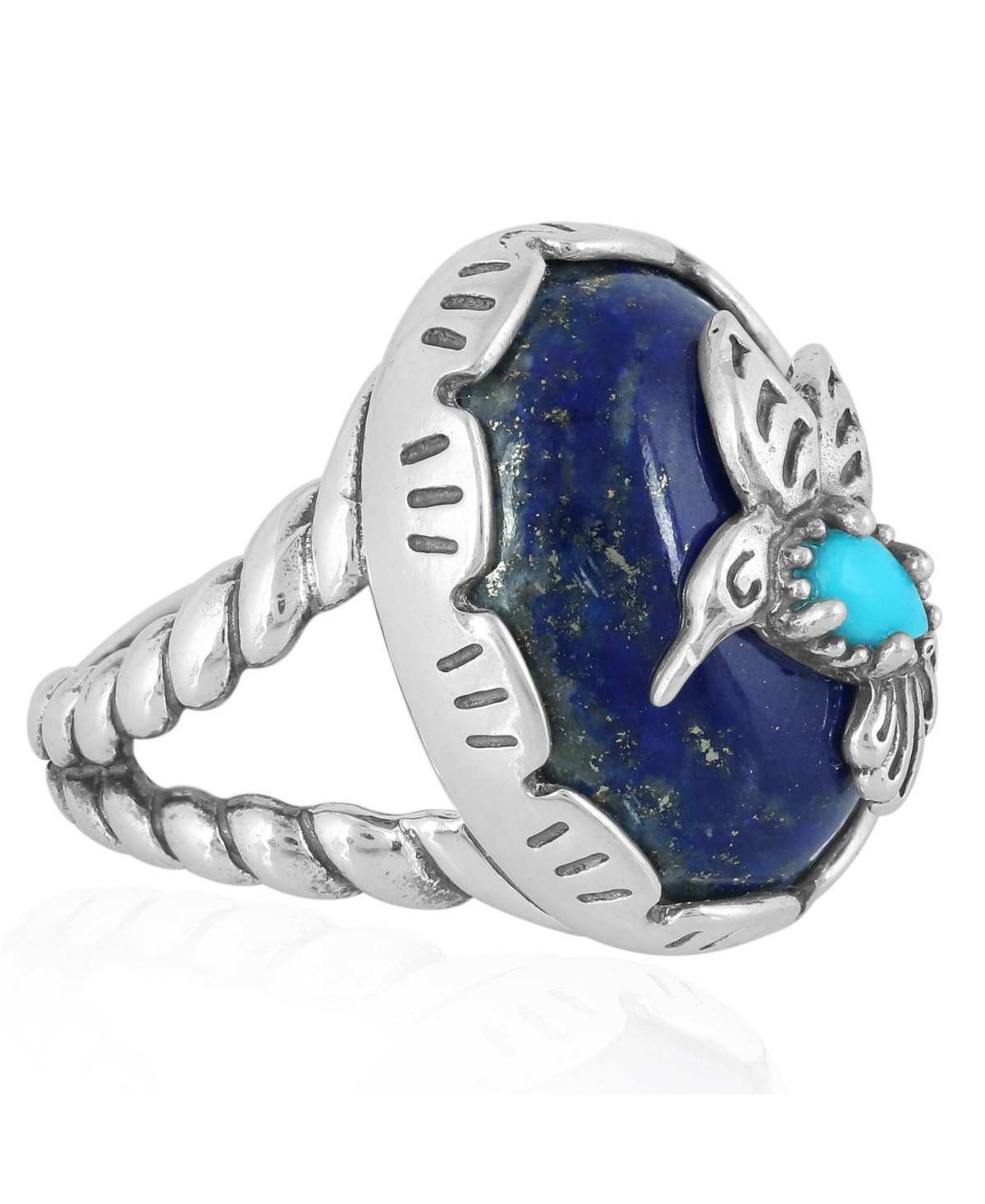 Sterling Silver Women's Ring, Blue Turquoise and Lapis Lazuli Hummingbird Design, Sizes 5-10 - Turquoise/gold