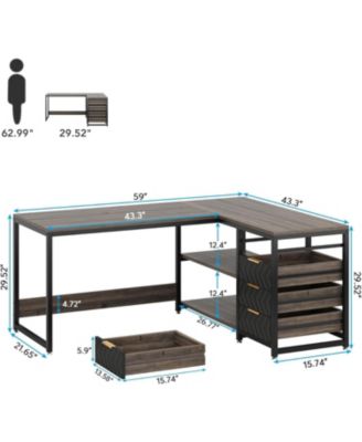 L Shaped Computer Desk with Storage Drawers, 59 inch Corner Desk with Shelves, Reversible L-Shaped Office Desk Writing Table Workstation for Home Office, Grey