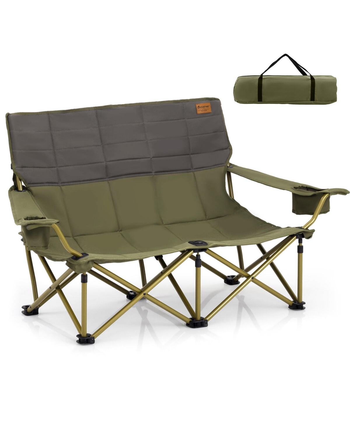 Oversized Camping Chair Folding Loveseat Camping Couch w/ Cup Holders & Padding Green - Green+grey