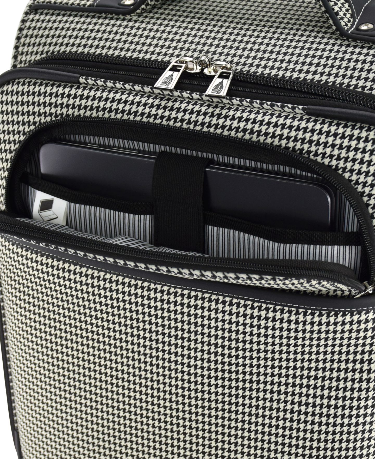 Чемодан London Fog Cambridge Medium Check-in Expandable Spinner, цвет: Чёрный белая гусиная лапка — фото 2