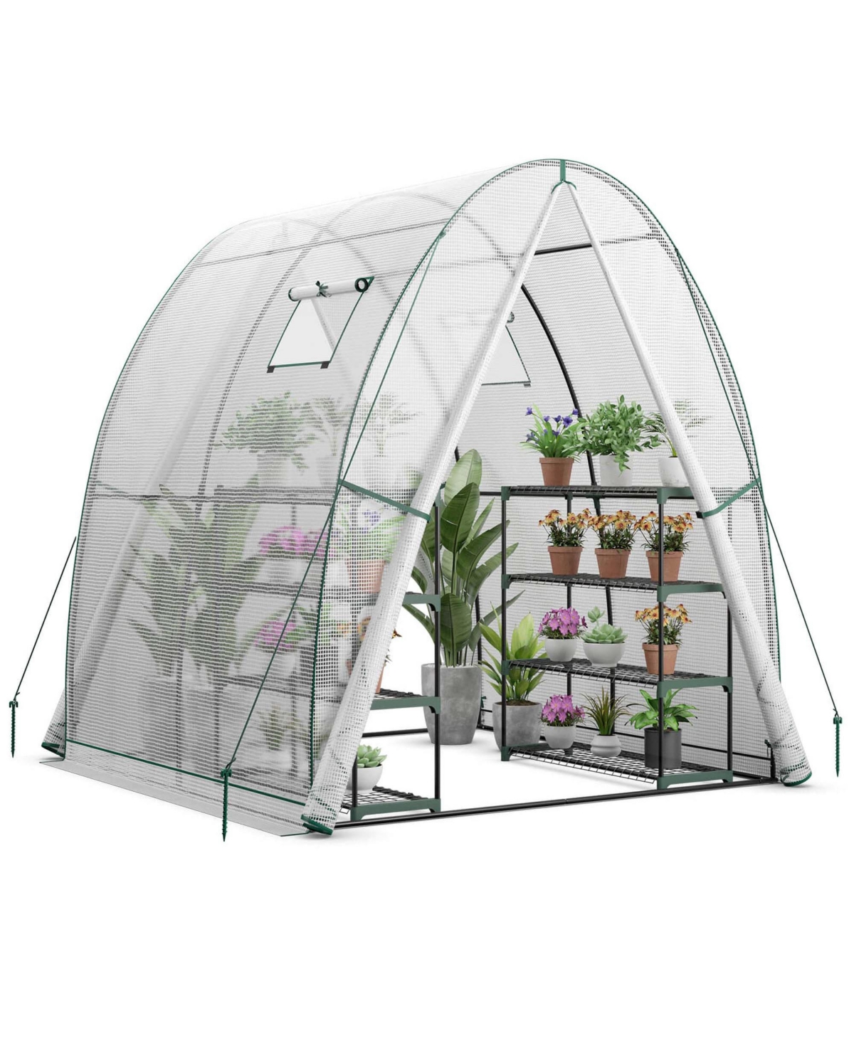 Portable Greenhouse with 2 Zippered Doors 2 Roll-up Screen Windows - White