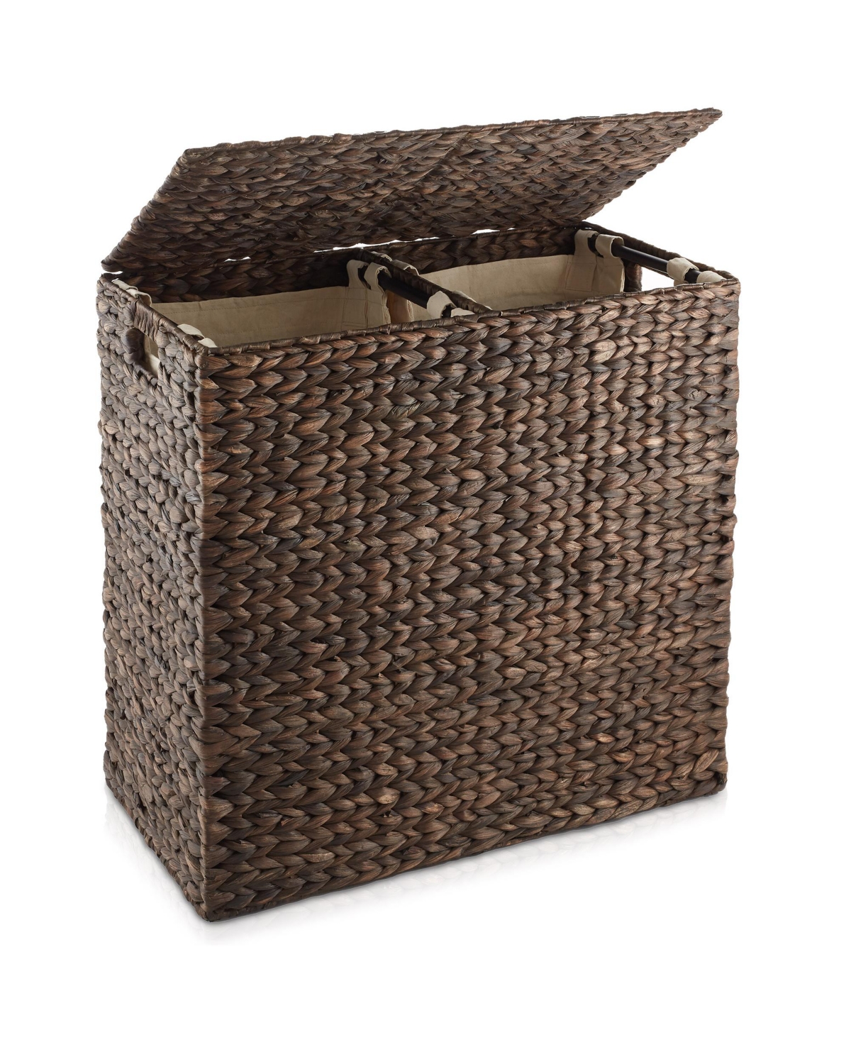2-Section Laundry Hamper with Lid and Removable Liner Bags - Natural, Woven Water Hyacinth Laundry Basket for Clothes - Espresso