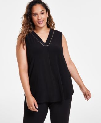 Anne Klein - Plus Size V-Neck Pleat-Front Sleeveless Top