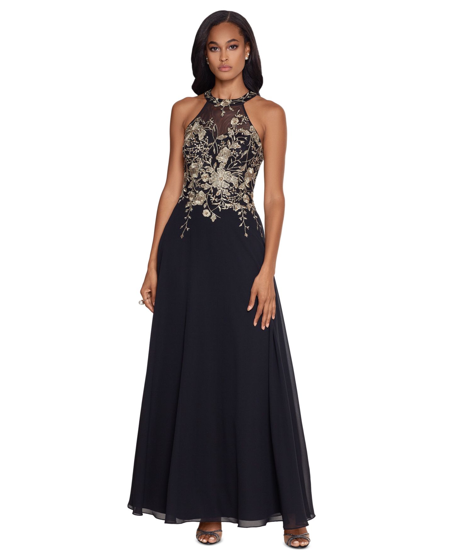 Женские платья Betsy & Adam Petite Sleeveless Floral-Appliqué Illusion Gown, цвет: Чёрный золотой — фото 1
