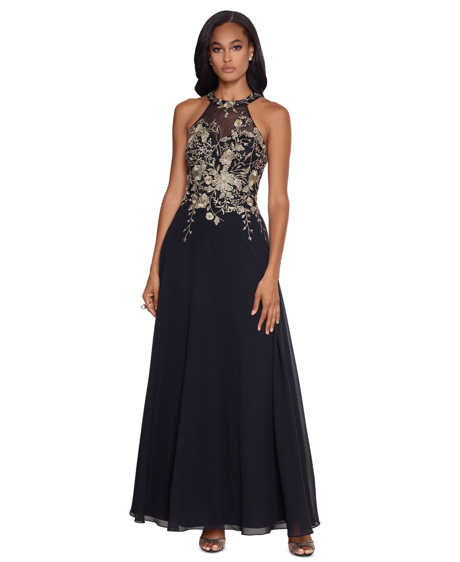 Petite Sleeveless Floral-Appliqu&eacute; Illusion Gown