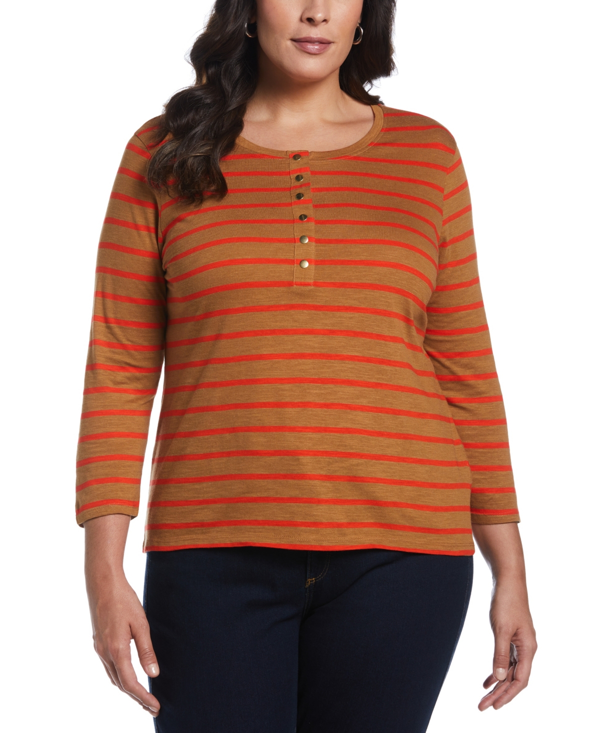 Ella Rafaella Plus Size cotton Knit 3/4 Sleeve Henley Top