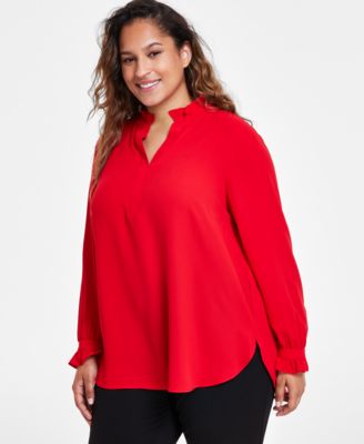 Anne Klein - Plus Size Ruffled Split-Neck Long-Sleeve Top